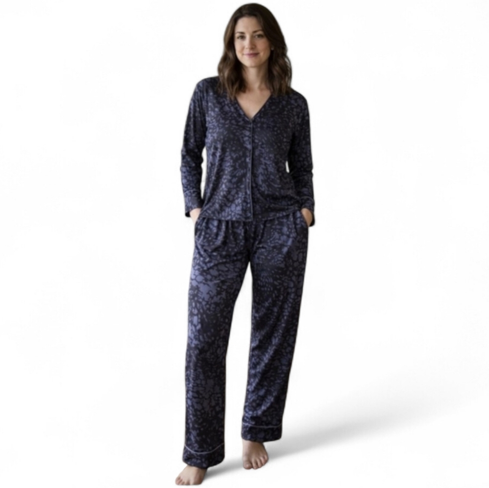 Vince Camuto Satin Pajama Set Black Abstract Print Button Top Pants Lounge Set